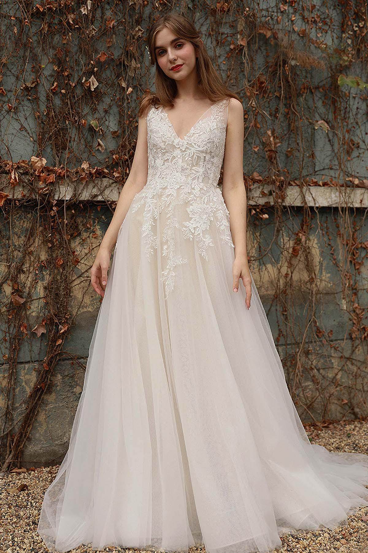 A-Line Sweep-Brush Train Tulle Wedding Dress CW3028 - COCOMELODY